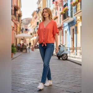 VELVET HEART ORANGE TIE FRONT SHIRT